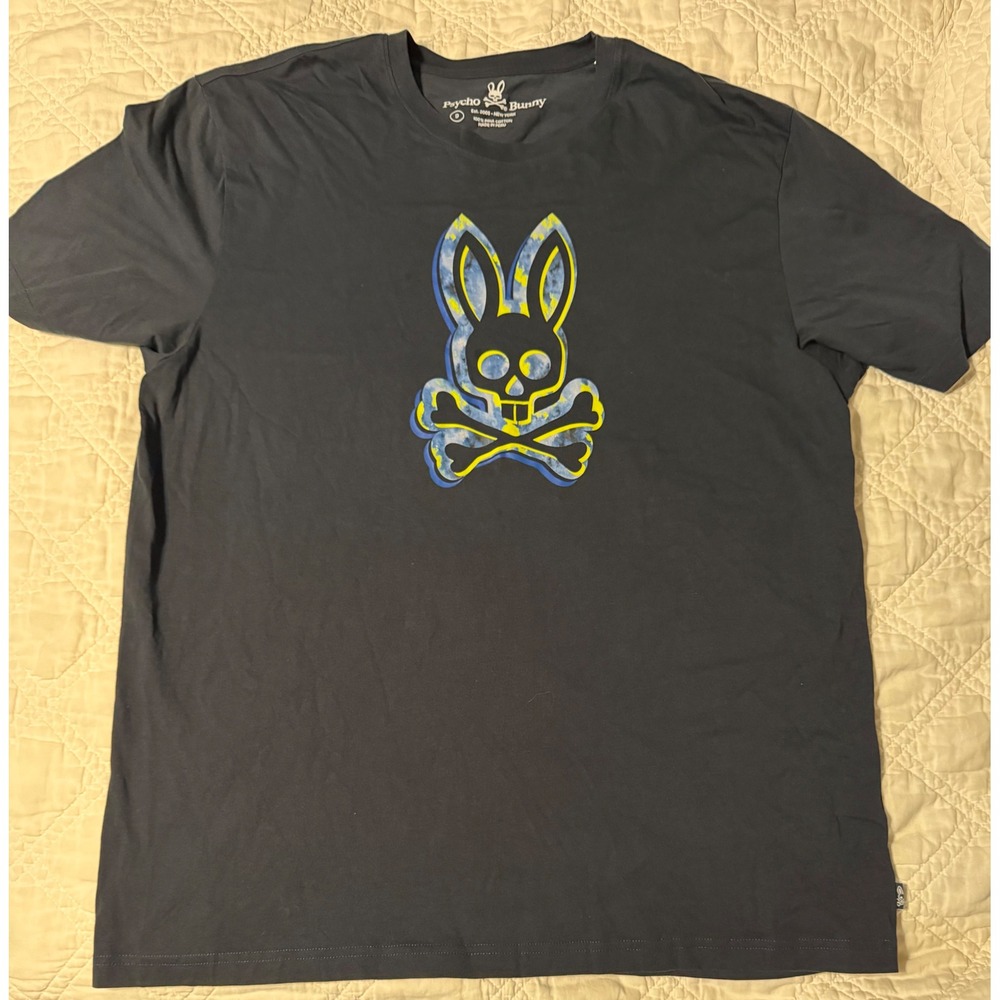 Psycho Bunny Mens Graphic Tee Black Pima Cotton Blue Yellow Logo Shirt Size 9